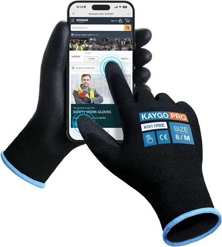 Vista 40 de KAYGO KG11PB - Guantes de trabajo de seguridad con revestimiento de poliuretano, 12 pares de guantes de punto sin costuras para hombres y mujeres