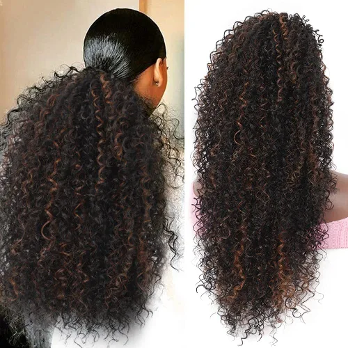 Vista 11 de Youthfee Cola de caballo con cordón para mujer, cola de caballo rizada profunda, sintética mezclada con cabello humano, negro natural, afro, rizado