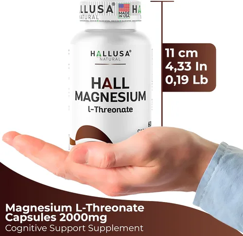 Vista 9 de Hallusa Natural Cápsulas de L-treonato de magnesio de 2000 mg, suplemento de apoyo cognitivo para la salud y la memoria del cerebro, claridad