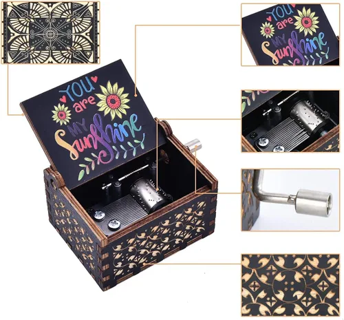 Vista 6 de Caja de música de madera, instrumento musical de manivela de madera con melodía "You're My Sunshine", regalo para familiares, amigos, amantes
