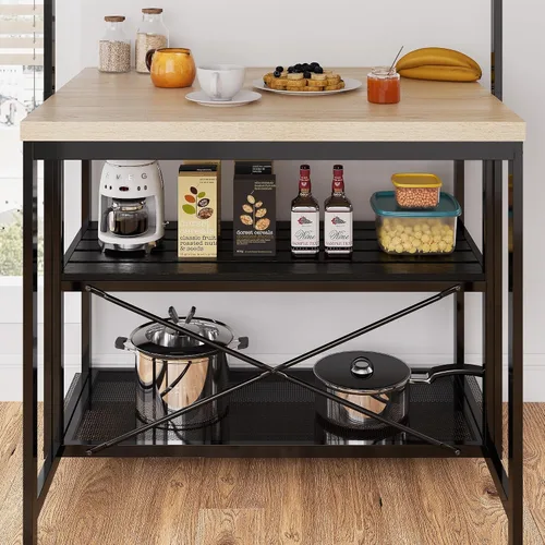 Vista 7 de Isla de cocina, estante para panaderos, mesa de isla para cocina, soporte de microondas de 3 niveles con almacenamiento, mesa de café grande