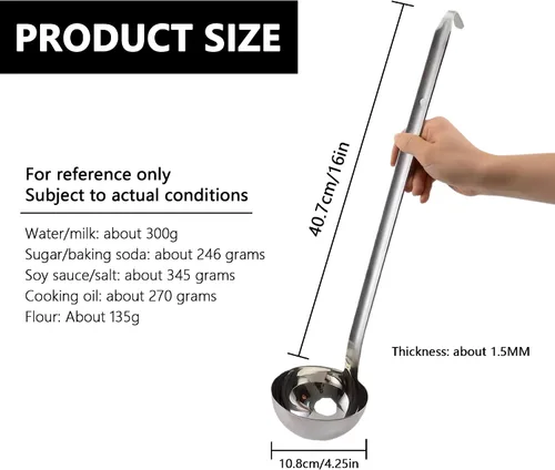 Vista 3 de Cucharas de servir de acero inoxidable: cuchara de mango largo resistente, cucharas grandes de 10 onzas con orejas colgantes, suministros de cocina