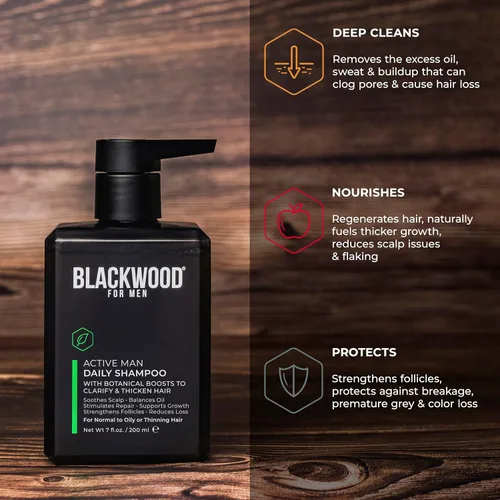 Vista 5 de BLACKWOOD FOR MEN Active Man Daily Shampoo - Champú espesante y aclarante para cabello o cuero cabelludo normal a graso - Combate la pérdida