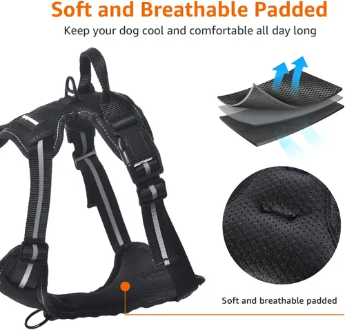 Vista 3 de Amazon Basics Arnés para perro sin tirones, chaleco ajustable acolchado suave con rayas reflectantes, resistente, pequeño, negro
