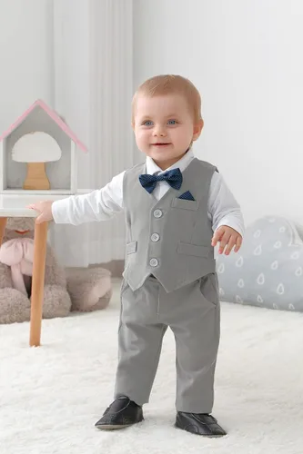 Vista 2 de DISAUR Ropa de bebé para niño, 4 piezas de traje de caballero + chaleco + pantalones + corbata de lazo de algodón