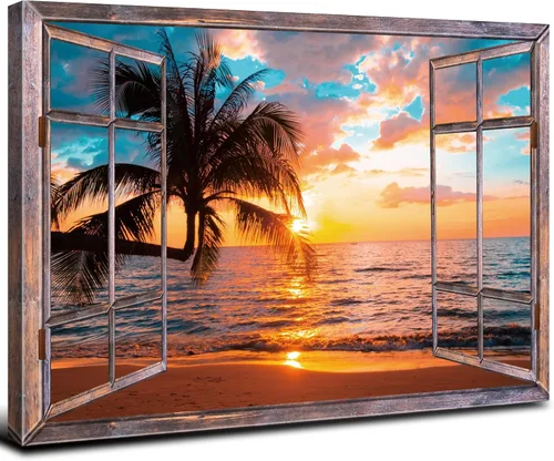 Vista 16 de Cuadro de pared con ventana de playa, paisaje oceánico, decoración de pared, paisaje costero, gaviota, impresiones en lienzo, pintura tropical