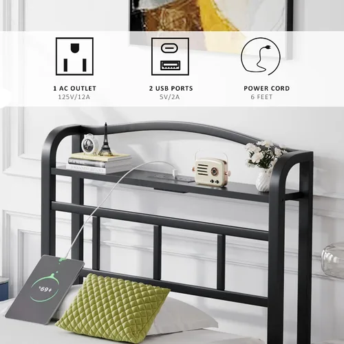 Vista 4 de SHOANED Base de cama de metal de 14 pulgadas, base de colchón básica de plataforma resistente de color negro con cabecera y estación de carga,