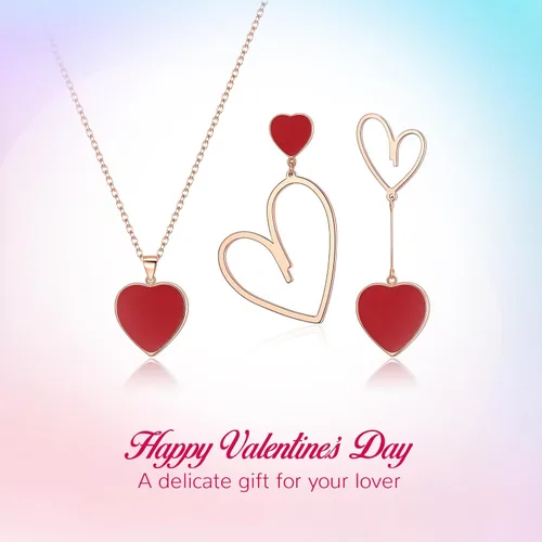 Vista 2 de Flyonce Juego de joyas de San Valentín para mujer, juego de joyas de corazón para mujer, collar con colgante de corazón, conjunto de aretes