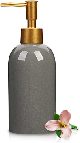 Vista 4 de Dispensador de jabón cilíndrico clásico, botella de cerámica multicolor (negro) Dispensador de jabón con bomba dorada a prueba de óxido