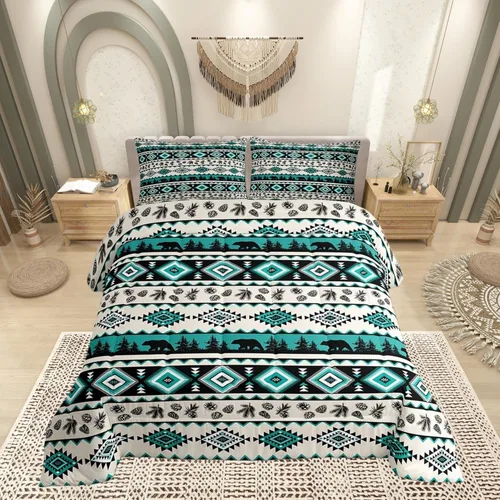 Vista 14 de Castle Fairy Juego de edredón con estampado azteca occidental, juego de ropa de cama geométrica a rayas marrones para niños y adolescentes