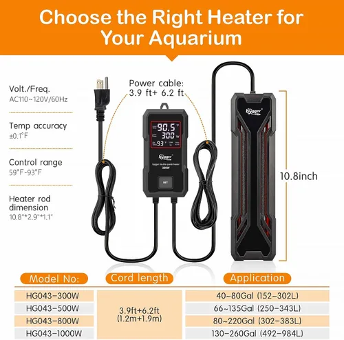Vista 5 de hygger Calentador para Acuarios 300W/500W/800W/1000W, Calentador Sumergible para Tanque de Peces con Controlador LED Digital y Sistema Inteligente