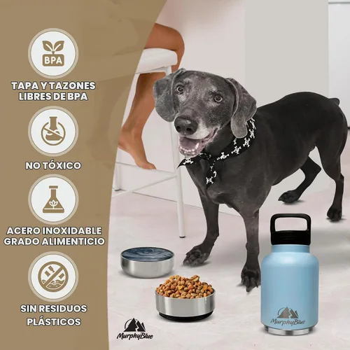 Vista 5 de MurphyBlue Botella de agua para perros 32 onzas de acero inoxidable aislado de capacidad, tapa con mosquetón integrado, cuencos desmontables