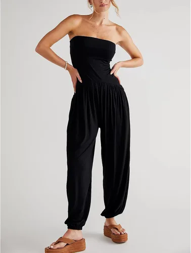 Vista 2 de Amiblvowa Mono sexy de tubo sin tirantes para mujer, pantalones holgados de cintura alta, hombros descubiertos, harén, ropa de calle