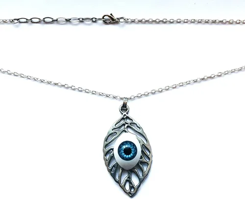 Vista 6 de Halloween Jewelry Large Leaf Silver Color Earrings/or Pendant Nature Statement Realistic Blue Eye Necklace S. Pl. Chain