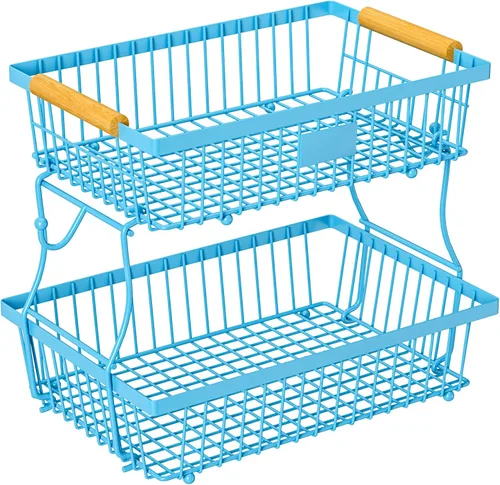 Vista 13 de Cesta de frutas de 2 niveles para encimera de cocina con 2 ganchos para plátanos, cesta de pan de metal para encimera con mango de madera, soporte