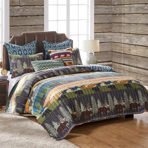 Vista 7 de Greenland Home juego de edredón con diseño de pinos y osos, negro, Algodón, Multicolor, gemelo