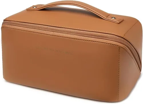Vista 8 de 3 bolsas de maquillaje de viaje portátiles de gran capacidad para mujeres, estuche organizador de maquillaje plano abierto, bolsa organizadora