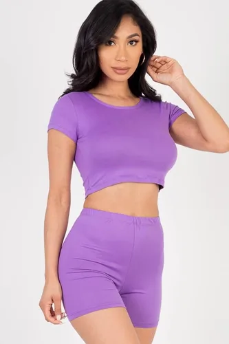 Vista 2 de EDGELULU Conjunto de 2 piezas para mujer, camiseta corta de manga corta y pantalones cortos de cintura elástica, elástico, suave, traje deportivo