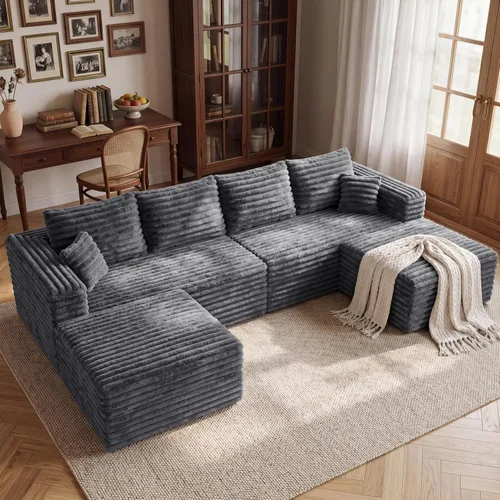 Vista 51 de Sofá modular en forma de L de 118 pulgadas, moderno sofá modular de pana de espuma viscoelástica de 4 plazas con otomana, asiento profundo tapizado