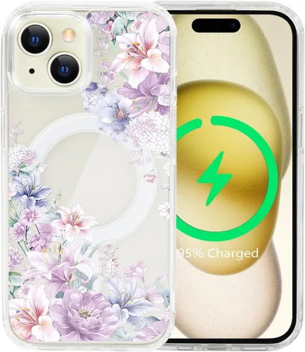 Vista 29 de Funda magnética de flores para iPhone 15 [compatible con MagSafe] Bonito patrón floral transparente a prueba de golpes