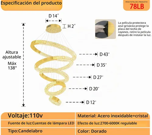 Vista 3 de Gran araña de anillo dorado moderna LED de 5 anillos de cristal para techos altos Vestíbulo Escalera de arañas D12''+20''+28''+35''+43'' Oro