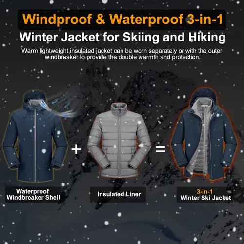 Vista 2 de 33,000ft Chaqueta de esquí impermeable 3 en 1 para hombre, chaqueta de esquí cálida de montaña, chaqueta de lluvia para nieve, abrigo de invierno