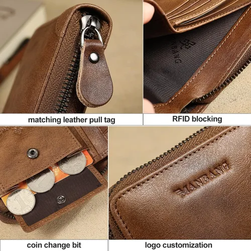 Vista 6 de MANBANG Cartera de piel auténtica para hombre con bloqueo RFID con cremallera Hecho a mano caqui
