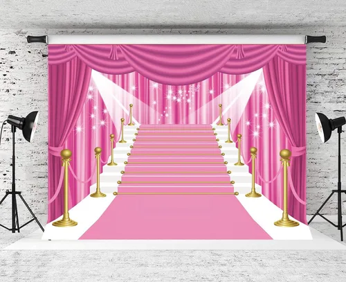 Vista 2 de Telón de fondo de alfombra rosa de 7 x 5 pies, cortina de estrellas para fiesta, fotografía, fondo de niña, dama, fiesta, disfraz, estudio