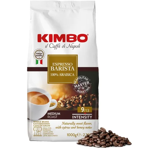 Vista 5 de Kimbo Café en grano entero, aroma dorado, 100% café Acrabica, tostado oscuro medio, intensidad 9/13, bolsa de 2.2 libras (35.27 onzas)