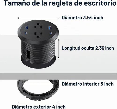 Vista 6 de Ojal de alimentación de escritorio, estación de carga rápida USB C de 65 W, 2 salidas de CA, 4 puertos USB en la parte superior de tu escritorio
