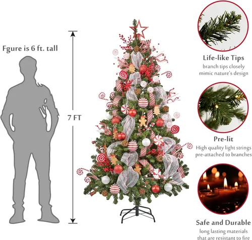 Vista 2 de WBHome Árbol de Navidad artificial preiluminado de 7 pies con 400 luces LED enchufables y paquete de adornos, decoraciones de Navidad con temas