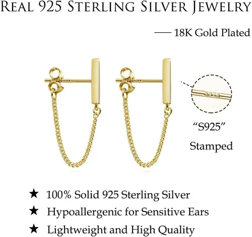 Vista 7 de Reffeer Aretes colgantes de plata de ley 925 maciza para mujeres, adolescentes, aretes de cadena