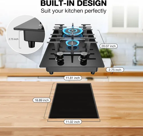 Vista 2 de Estufa de Gas de 2 Quemadores Tope de Cocina de Propano, Tope de Cocina de Gas de Vidrio Templado de 12 Pulgadas Quemador de Gas de Acero Inoxidable