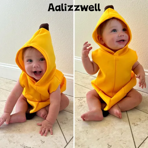 Vista 3 de Aalizzwell Ropa infantil de Halloween para bebé, con capucha de frutas, traje de mameluco Banana