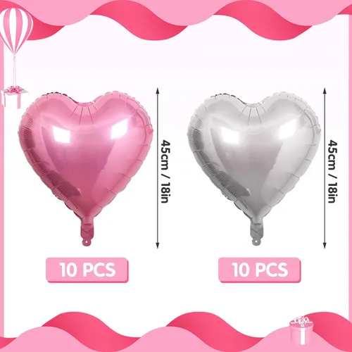 Vista 4 de 20 globos de corazón rosa y plateado de 18 pulgadas, globos de papel de aluminio de Mylar en forma de corazón, globos de aluminio metálico, globos