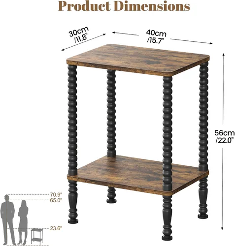 Vista 3 de Mesa auxiliar, mesa auxiliar pequeña, mesita de noche de 2 niveles con estantes de almacenamiento, mesa de centro para espacios pequeños, diseño
