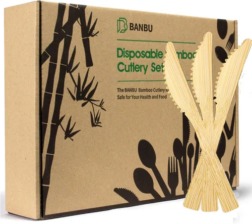 Vista 7 de Banbu Cubiertos de bambú desechables, 100 unidades de cuchillos de bambú desechables de 6.7 pulgadas, cuchillo biodegradable 100% compostable