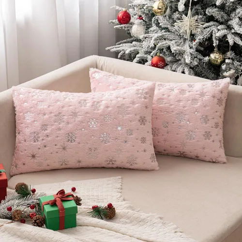 Vista 15 de MIULEE - Juego de 2 fundas de cojín decorativas de Navidad, hechas de piel sintética suave con copos de nieve plateados y brillantina, para Verde