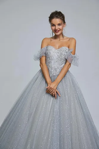 Vista 2 de Engerla Vestido largo de quinceañera de tul con cuentas para mujer