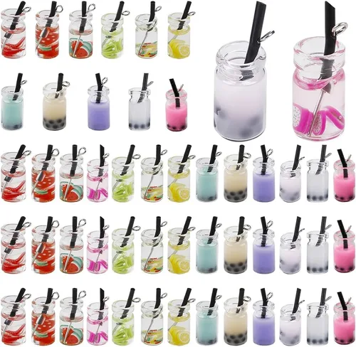 Vista 9 de SUNNYCLUE 1 caja de 7 estilos de té con leche y frutas, mini botella, colgantes de helado de Boba para bebidas de imitación, joyería de vidrio, 28