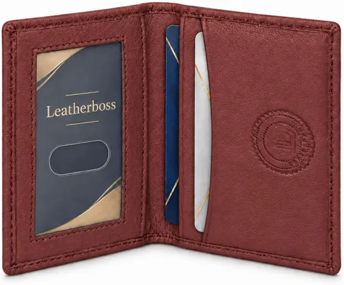 Vista 11 de Leatherboss Cartera Bifold Delgada de Cuero Genuino Porta Tarjetas de Crédito, Débito e ID Compacta y Elegante con Ventanas Transparentes