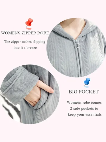 Vista 3 de Artfasion Bata larga con cremallera frontal y capucha para mujer, ropa de dormir de longitud completa para mujer