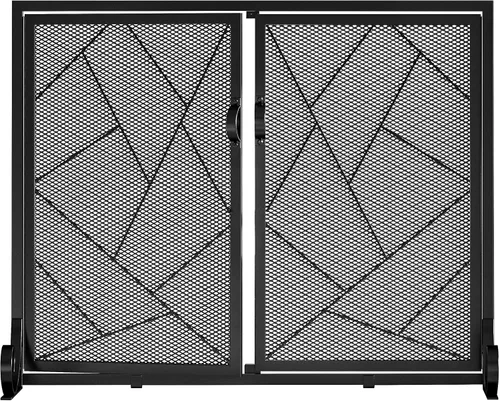 Vista 9 de Fire Beauty Pantalla de chimenea con puertas con bisagras Borde de hierro fundido, marco de acero resistente, malla metálica duradera, protector