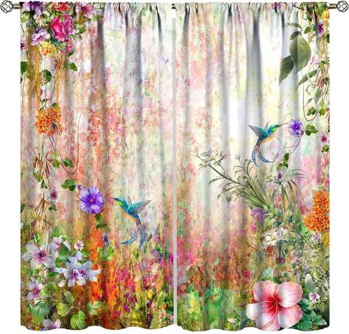 Vista 21 de Cortinas opacas de flores de colibrí, para dormitorio y sala de estar, diseño estético rústico y moderno, juego de 2 paneles, 42 x 45 pulgadas