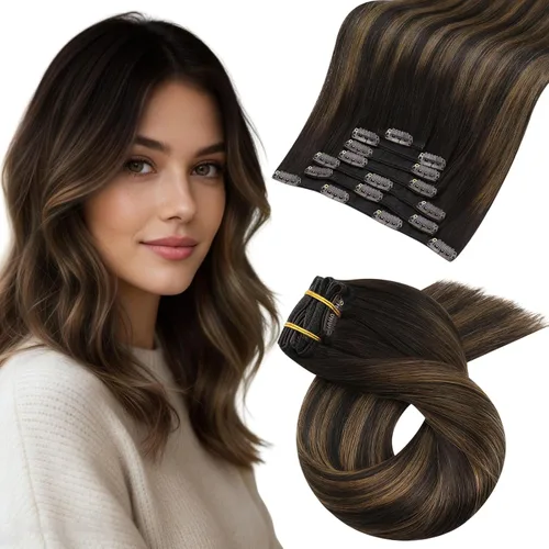 Vista 101 de Moresoo Extensiones de cabello humano con clip, balayage, color marrón oscuro a marrón dorado con clip, extensiones de cabello humano con clip, 5