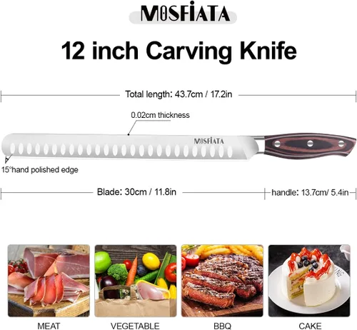 Vista 3 de MOSFiATA Cuchillo de corte de 12 pulgadas – Cuchillo de corte de carne – Acero alemán de alto carbono forjado – Diseño de mango ergonómico – Con