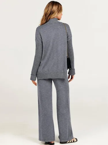 Vista 5 de ANRABESS Conjunto de 2 piezas para mujer, suéter de punto de manga larga, pantalón de pierna ancha, ropa de descanso, moda 2024