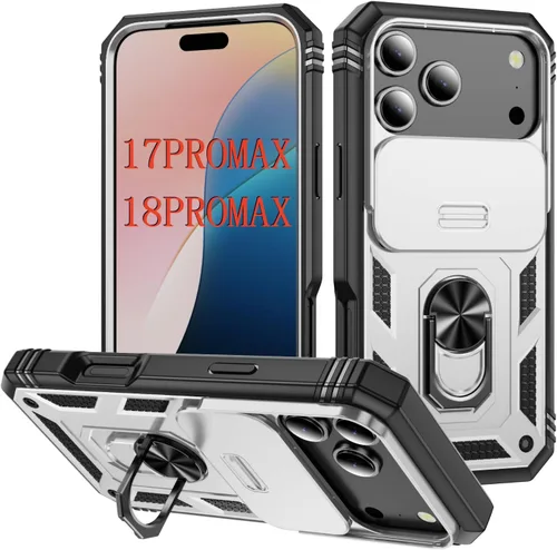 Vista 129 de PASNEW Funda militar para iPhone 13 Pro Max, cubierta de cámara deslizante y soporte de anillo de metal de 360°, carcasa rígida multicapa resistente