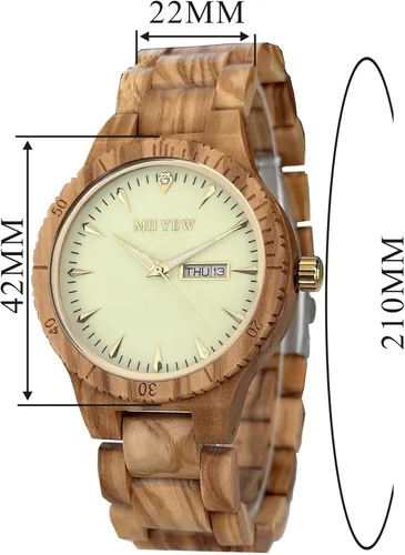 Vista 6 de MII YEW Reloj de madera para hombre, ligero, analógico, de cuarzo, hecho a mano, esfera verde con fecha