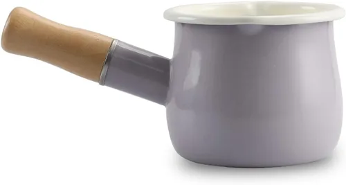 Vista 8 de Mini Olla de Leche Esmaltada de 0.6 Cuartos con Mango de Madera Aislado, 2 Picos Vertedores, Calentador de Alimentos Pequeño, Cacerola Bonita